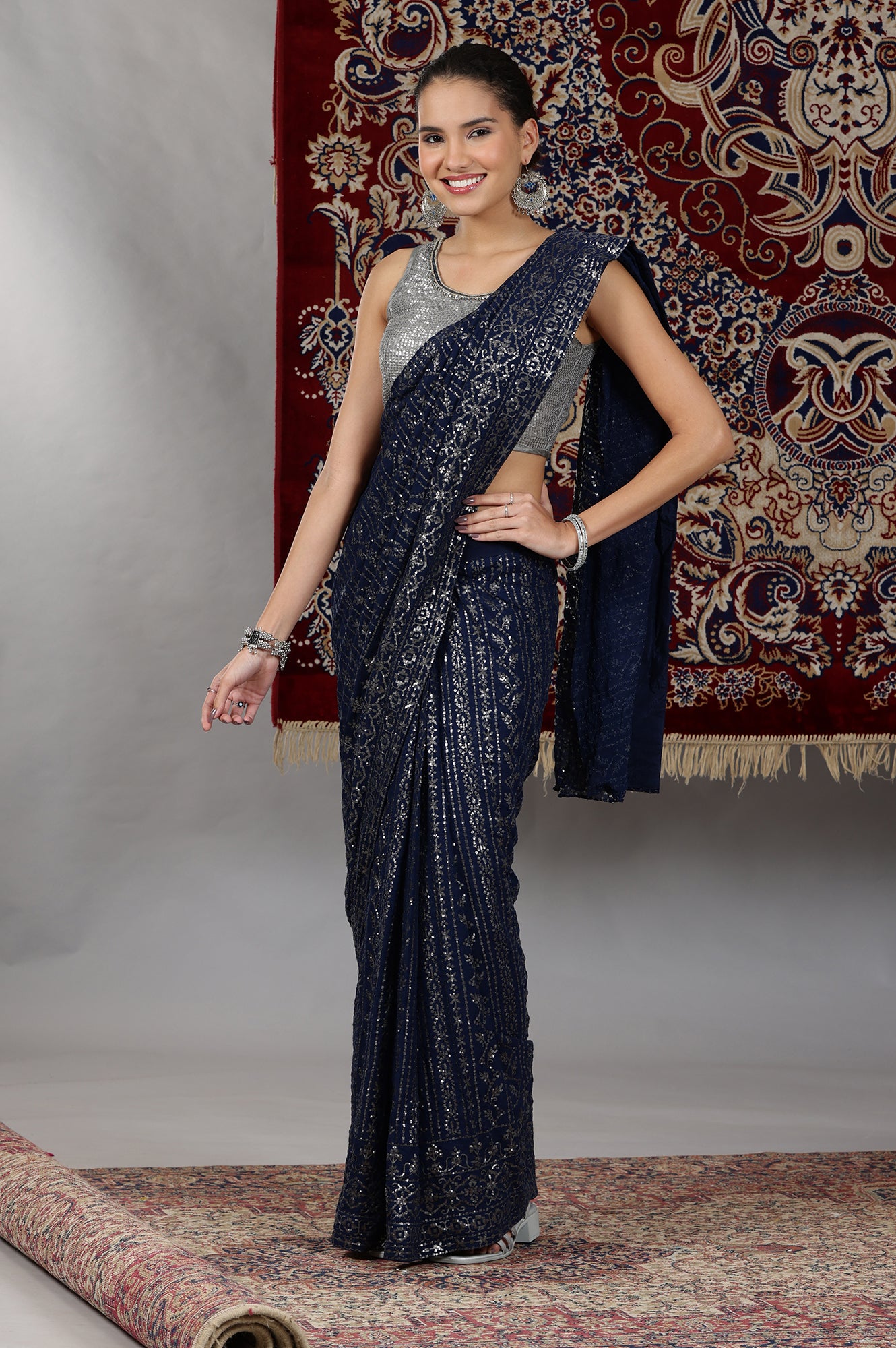 Silver-and-Blue-Sequin-Embellished-Crop-Top-and-Pre-Stitched-Saree-Set