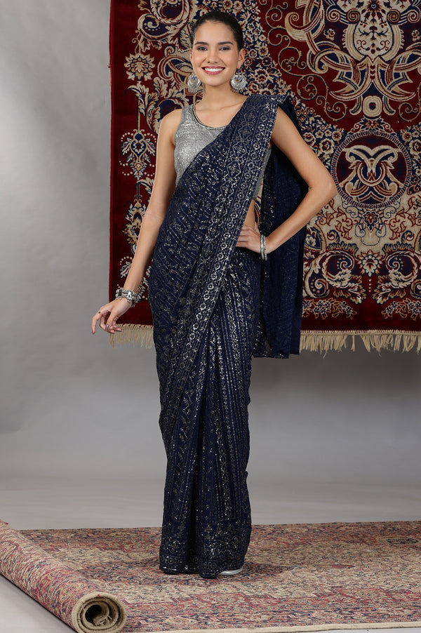 Silver and Blue Sequin Embellished Crop Top and Pre Stitched Saree Set