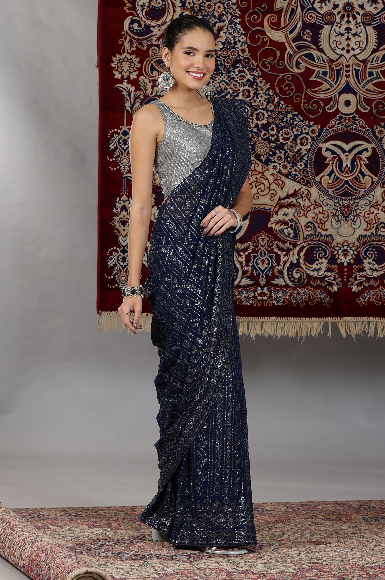 Silver-and-Blue-Sequin-Embellished-Crop-Top-and-Pre-Stitched-Saree-Set