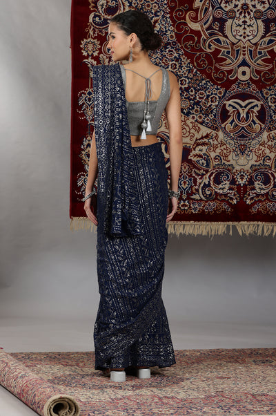 Silver and Blue Sequin Embellished Crop Top and Pre Stitched Saree Set