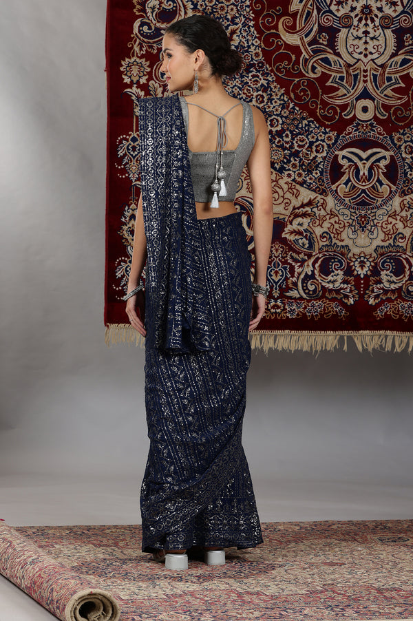 Silver and Blue Sequin Embellished Crop Top and Pre Stitched Saree Set