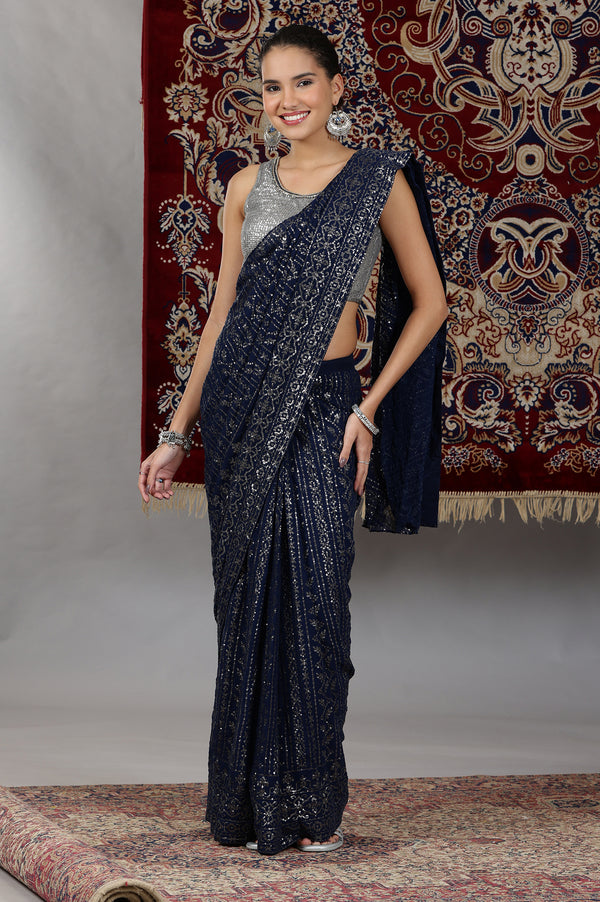 Silver and Blue Sequin Embellished Crop Top and Pre Stitched Saree Set