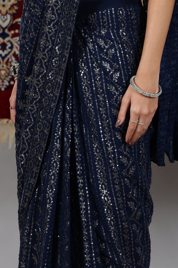 Silver and Blue Sequin Embellished Crop Top and Pre Stitched Saree Set