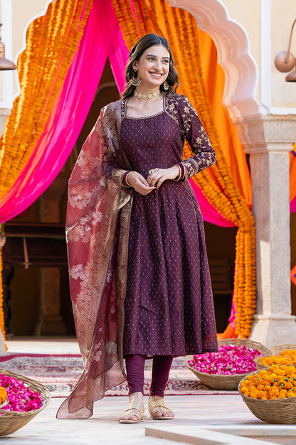 Wine Zari Embroidered Anarkali Kurta, Tights and Dupatta Set