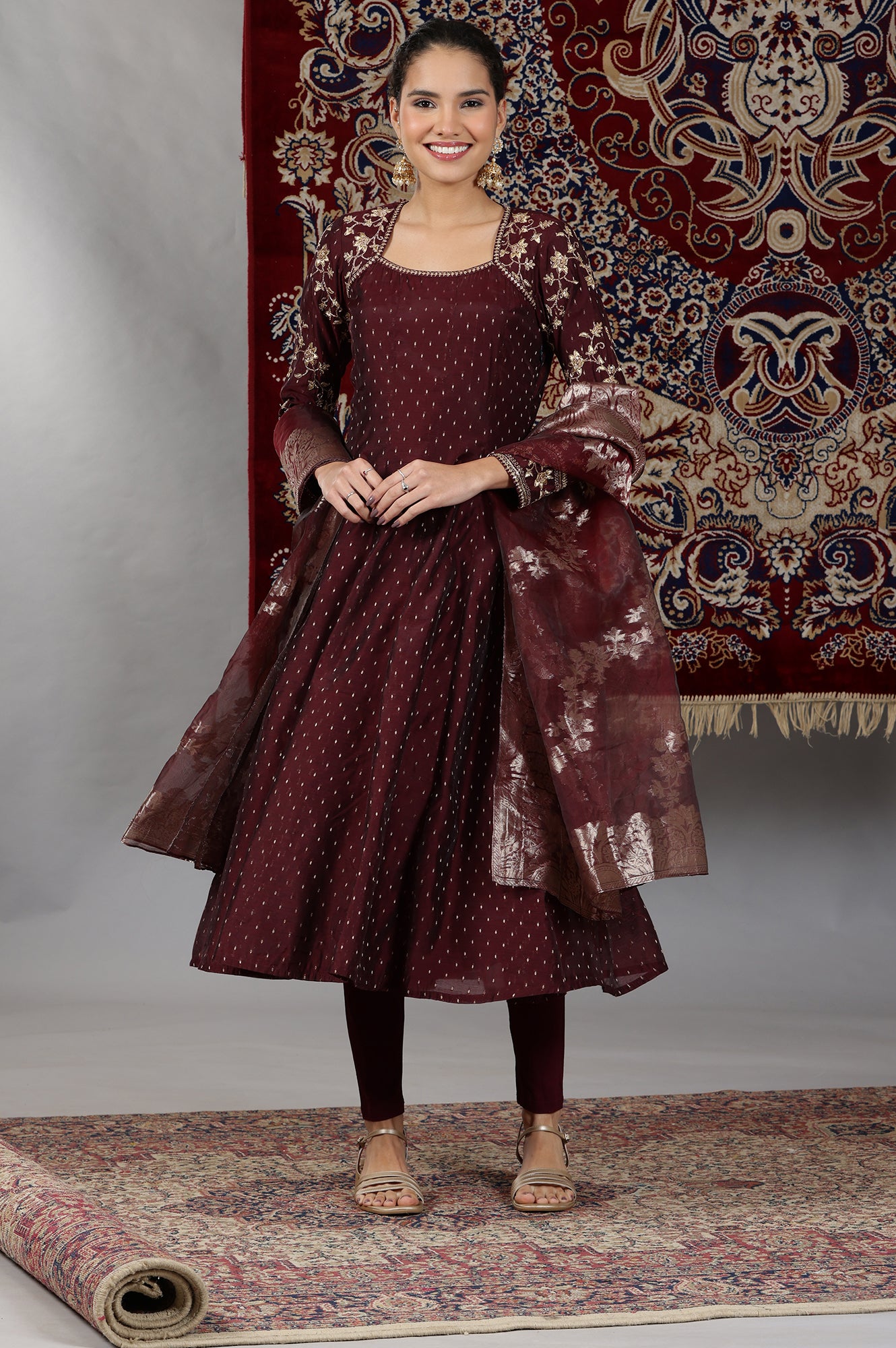 Wine-Zari-Embroidered-Anarkali-Kurta,-Tights-and-Dupatta-Set