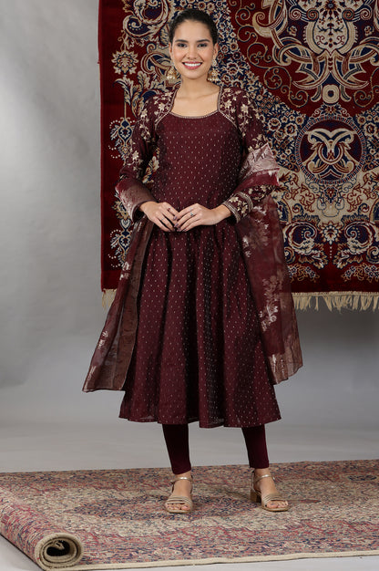 Wine-Zari-Embroidered-Anarkali-Kurta,-Tights-and-Dupatta-Set