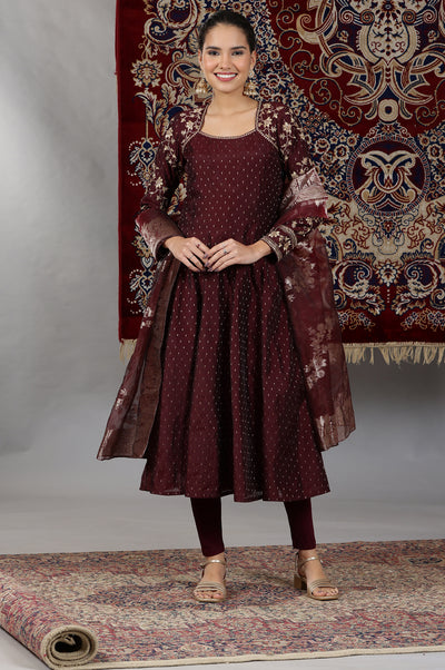 Wine Zari Embroidered Anarkali Kurta, Tights and Dupatta Set