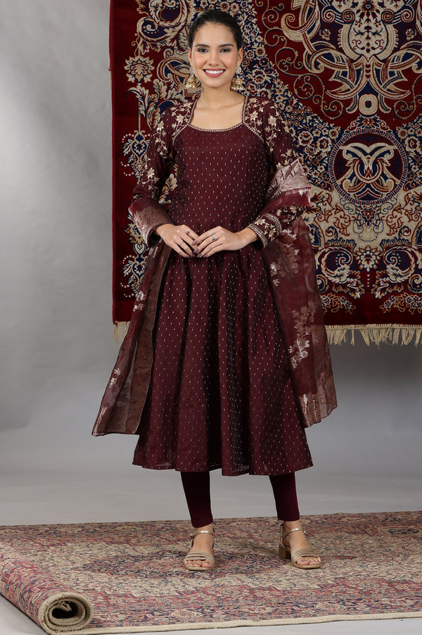 Wine Zari Embroidered Anarkali Kurta, Tights and Dupatta Set