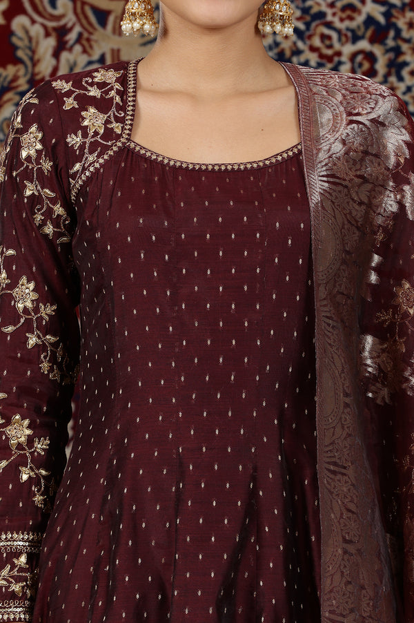 Wine Zari Embroidered Anarkali Kurta, Tights and Dupatta Set
