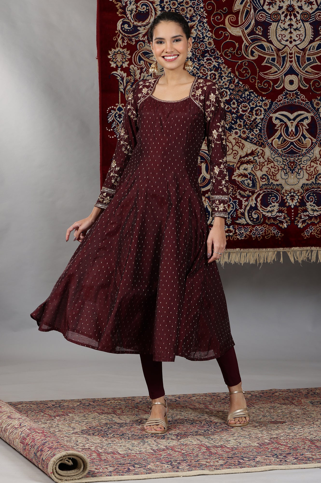 Wine-Zari-Embroidered-Anarkali-Kurta,-Tights-and-Dupatta-Set