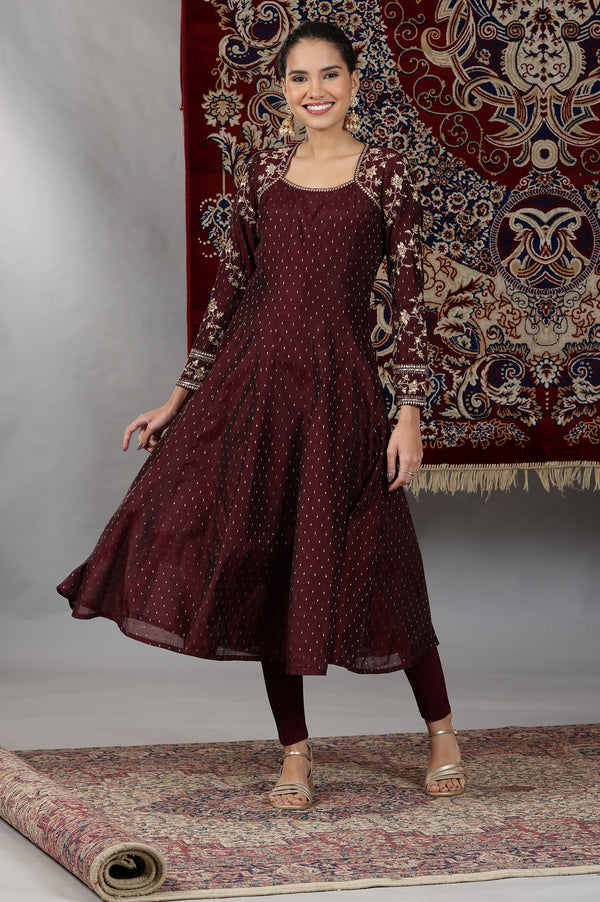 Wine Zari Embroidered Anarkali Kurta, Tights and Dupatta Set