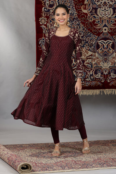 Wine Zari Embroidered Anarkali Kurta, Tights and Dupatta Set