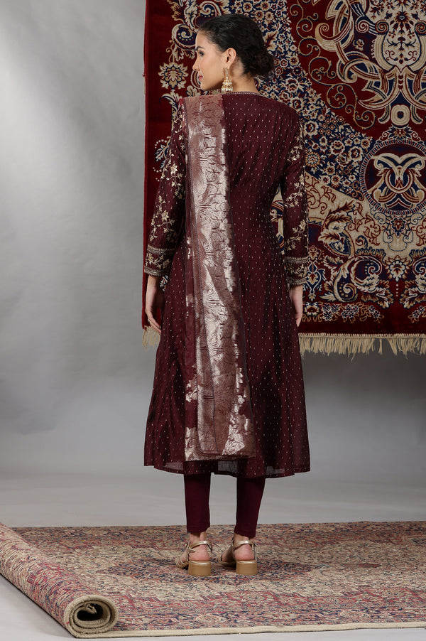 Wine Zari Embroidered Anarkali Kurta, Tights and Dupatta Set