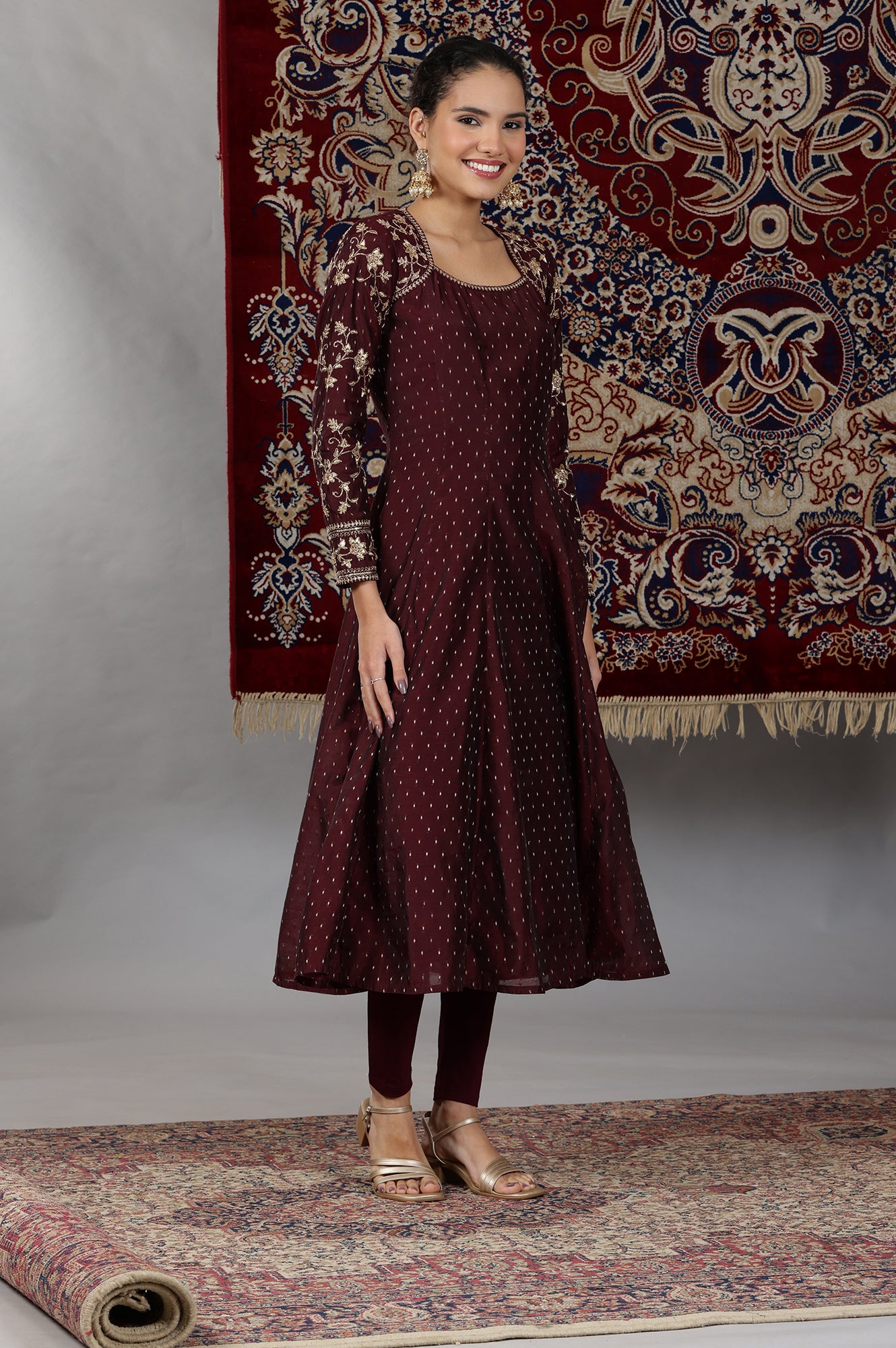 Wine-Zari-Embroidered-Anarkali-Kurta,-Tights-and-Dupatta-Set