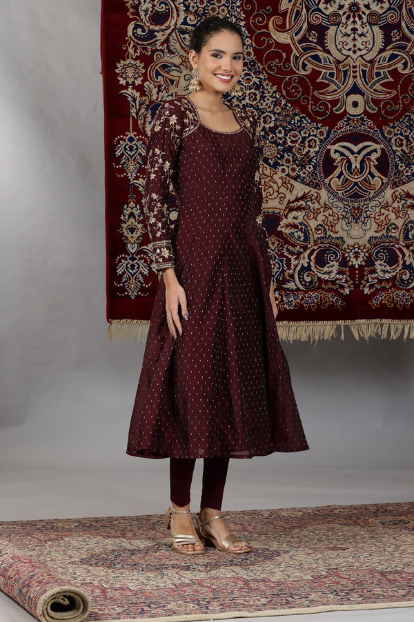 Wine Zari Embroidered Anarkali Kurta, Tights and Dupatta Set