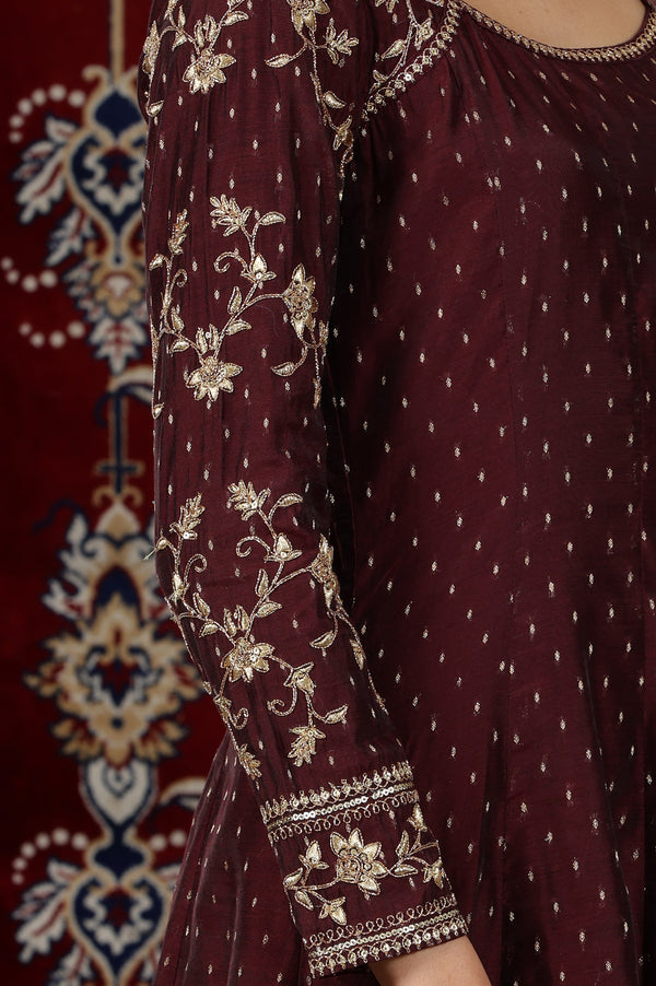 Wine Zari Embroidered Anarkali Kurta, Tights and Dupatta Set