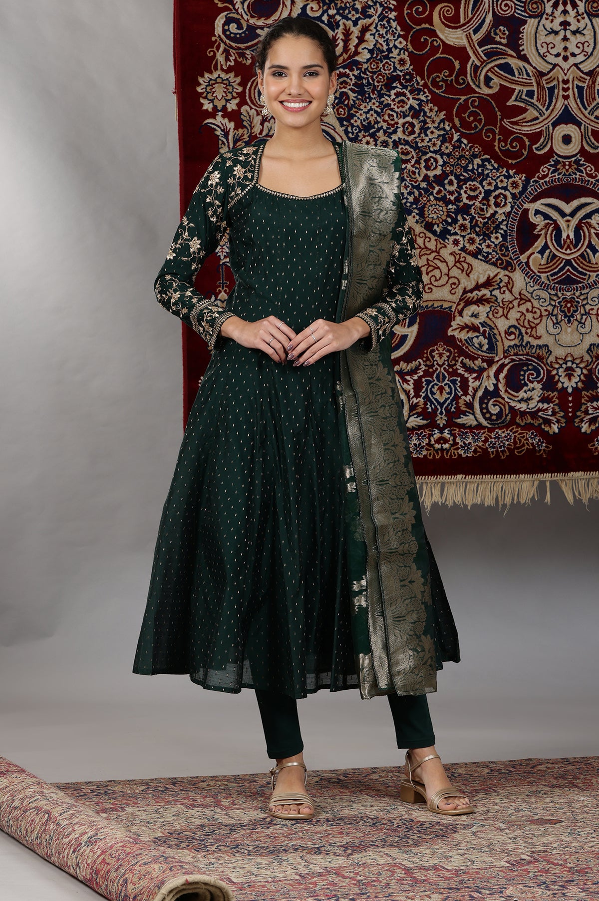 Dark Green Zari Embroidered Flared Kalidar Kurta, Tights and Dupatta Set - S