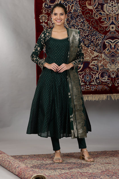 Dark Green Zari Embroidered Flared Kalidar Kurta, Tights and Dupatta Set