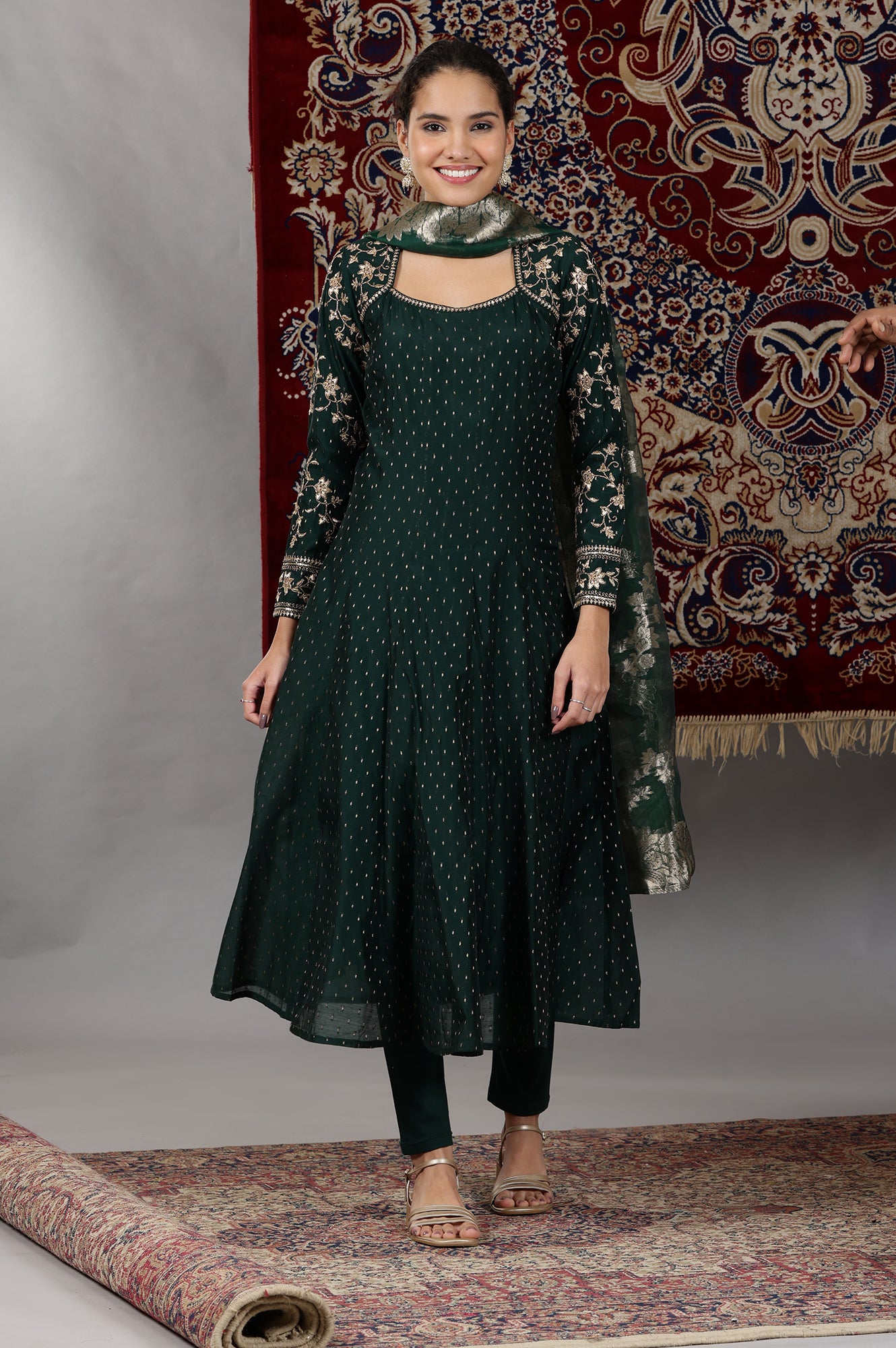 Dark Green Zari Embroidered Flared Kalidar Kurta, Tights and Dupatta Set