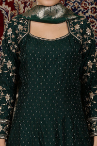 Dark Green Zari Embroidered Flared Kalidar Kurta, Tights and Dupatta Set