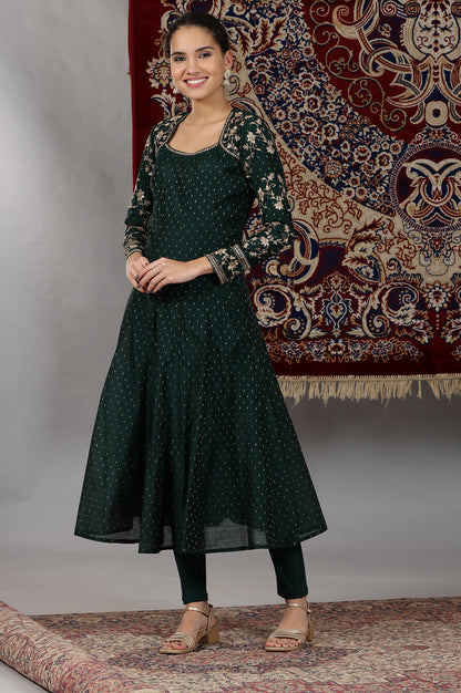 Dark Green Zari Embroidered Flared Kalidar Kurta, Tights and Dupatta Set