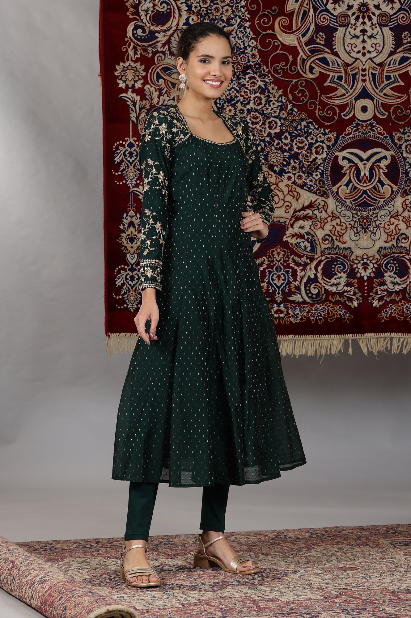 Dark Green Zari Embroidered Flared Kalidar Kurta, Tights and Dupatta Set