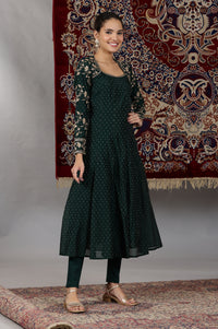 Dark Green Zari Embroidered Flared Kalidar Kurta, Tights and Dupatta Set
