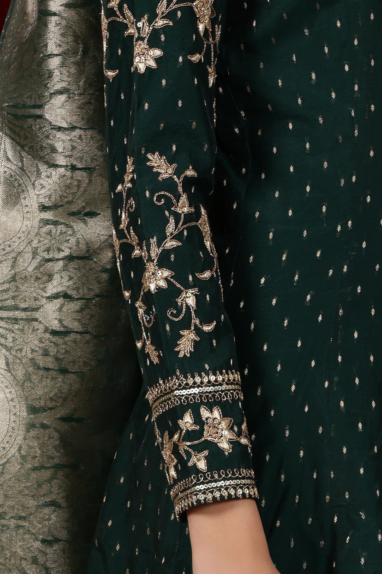 Dark Green Zari Embroidered Flared Kalidar Kurta, Tights and Dupatta Set