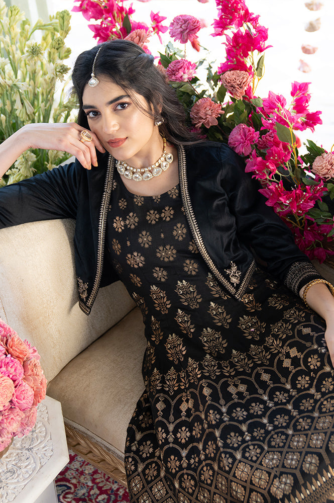 Buy Black Yarn-Dyed Sleeveless Anarkali Dress and Embroidered Short Jacket Set Online for Woman
