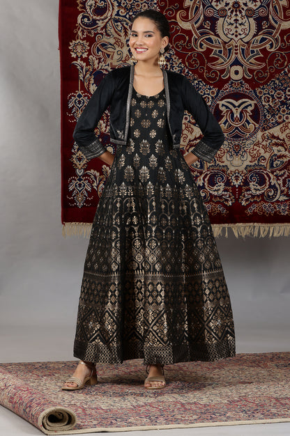 Black Yarn-Dyed Sleeveless Anarkali Dress and Embroidered Short Jacket Set