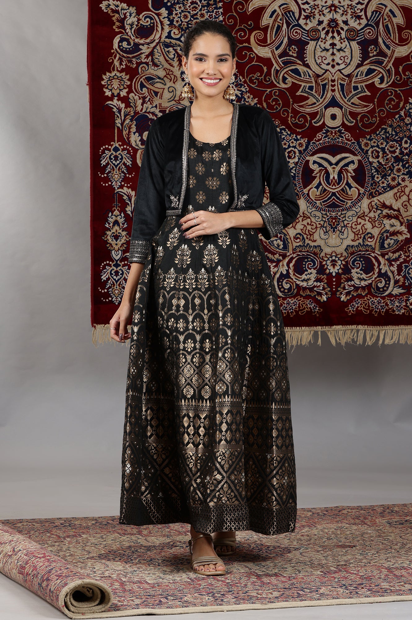 Black Yarn-Dyed Sleeveless Anarkali Dress and Embroidered Short Jacket Set