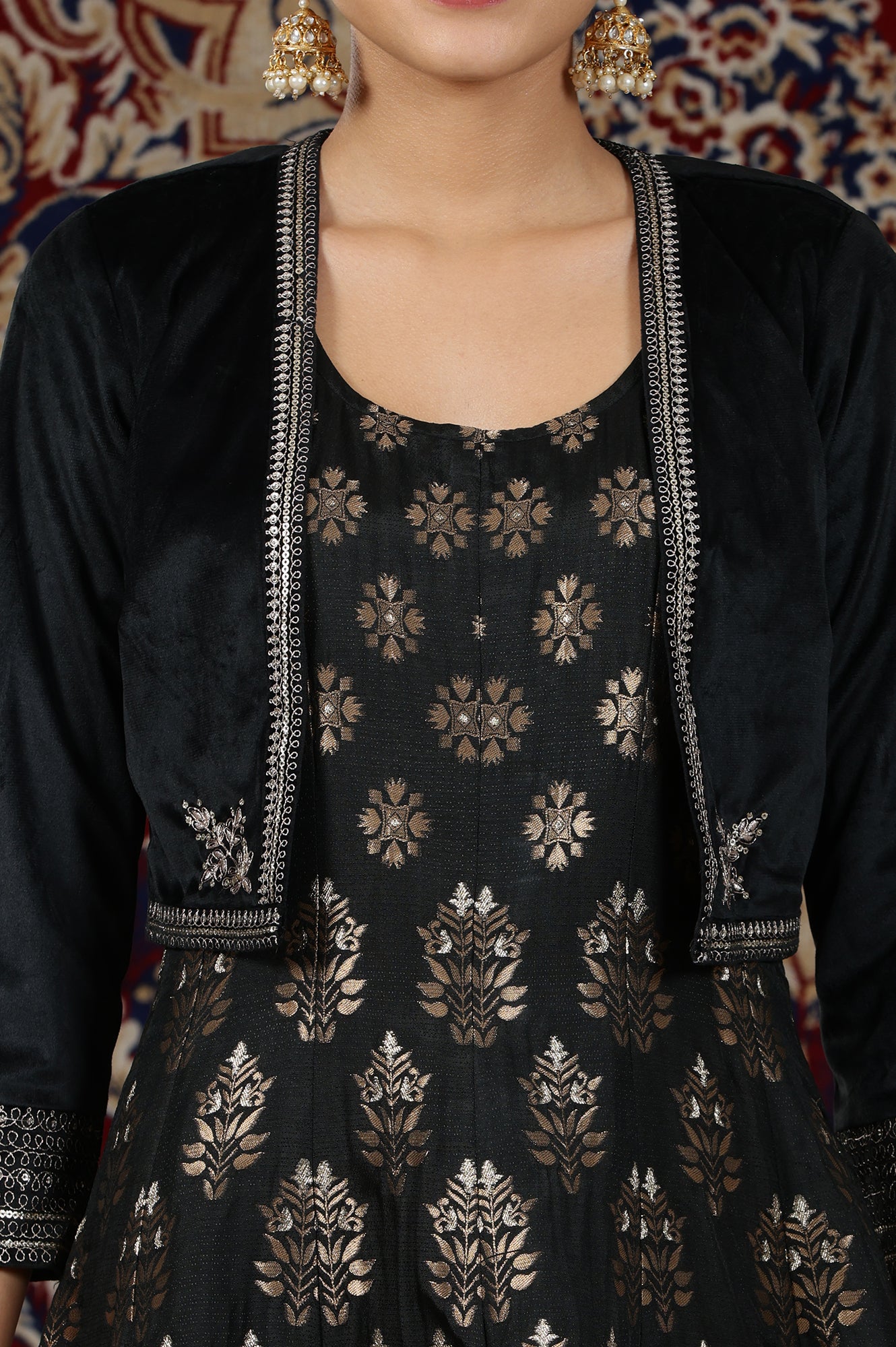 Black Yarn-Dyed Sleeveless Anarkali Dress and Embroidered Short Jacket Set