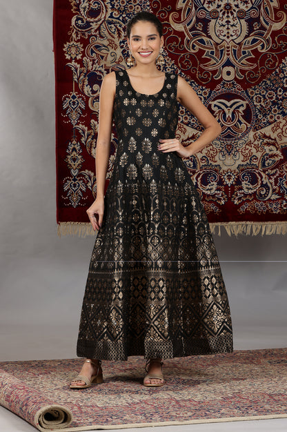 Black Yarn-Dyed Sleeveless Anarkali Dress and Embroidered Short Jacket Set