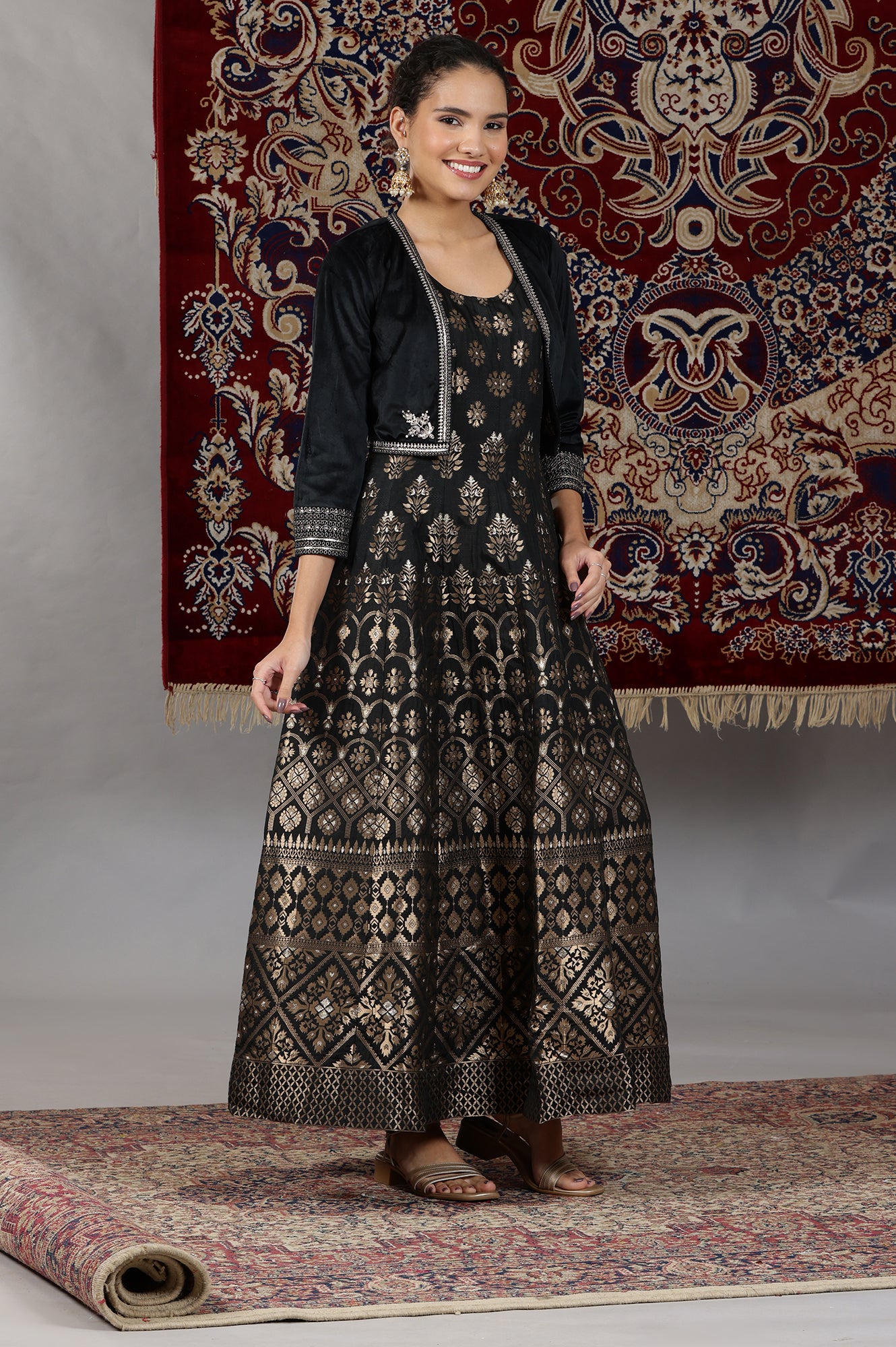 Buy Black Yarn Dyed Sleeveless Anarkali Dress and Embroidered Short Jacket Set Online for Woman Shop for Aurelia