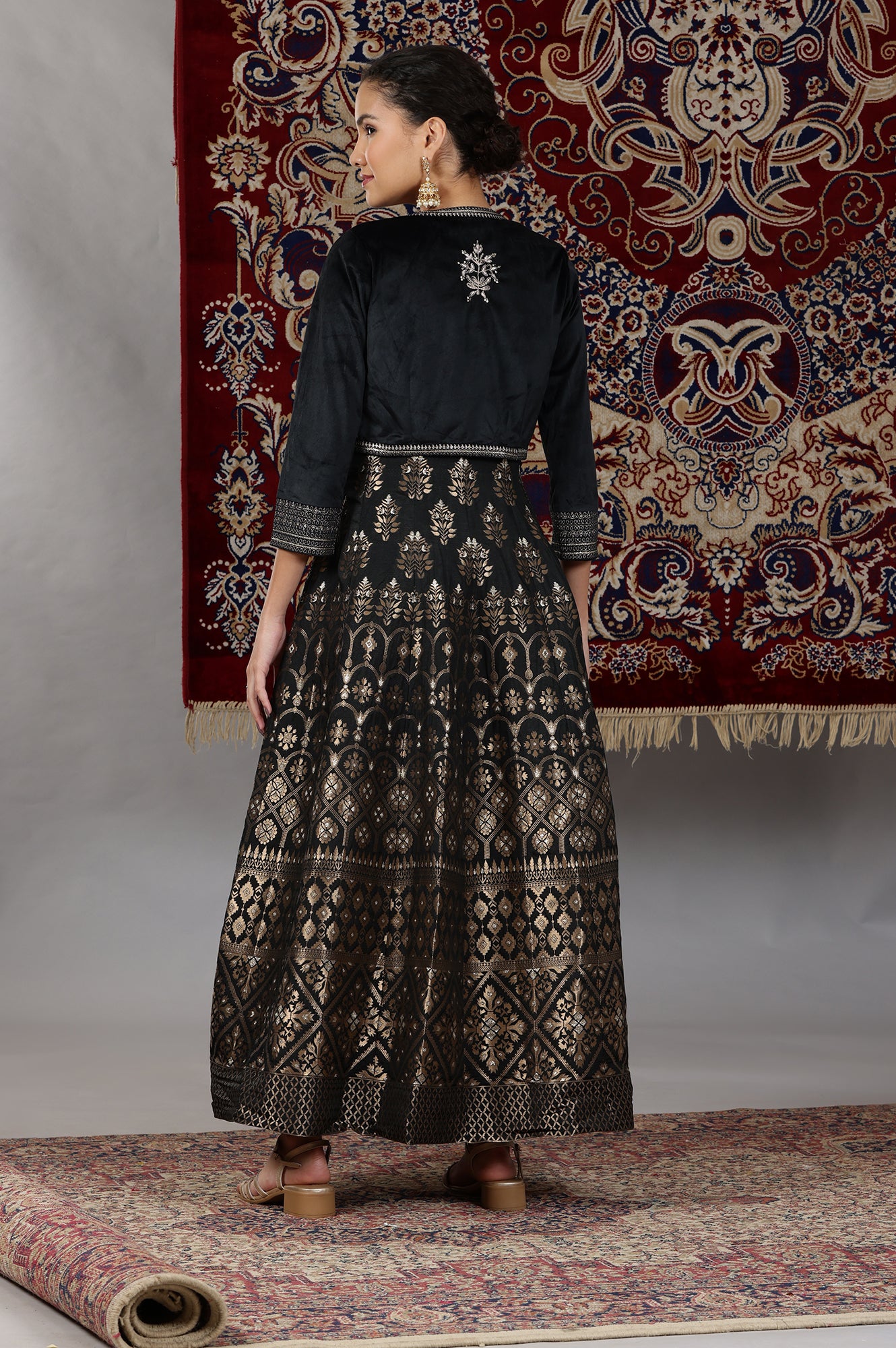 Black Yarn-Dyed Sleeveless Anarkali Dress and Embroidered Short Jacket Set