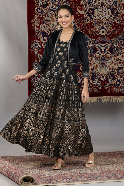 Black Yarn-Dyed Sleeveless Anarkali Dress and Embroidered Short Jacket Set