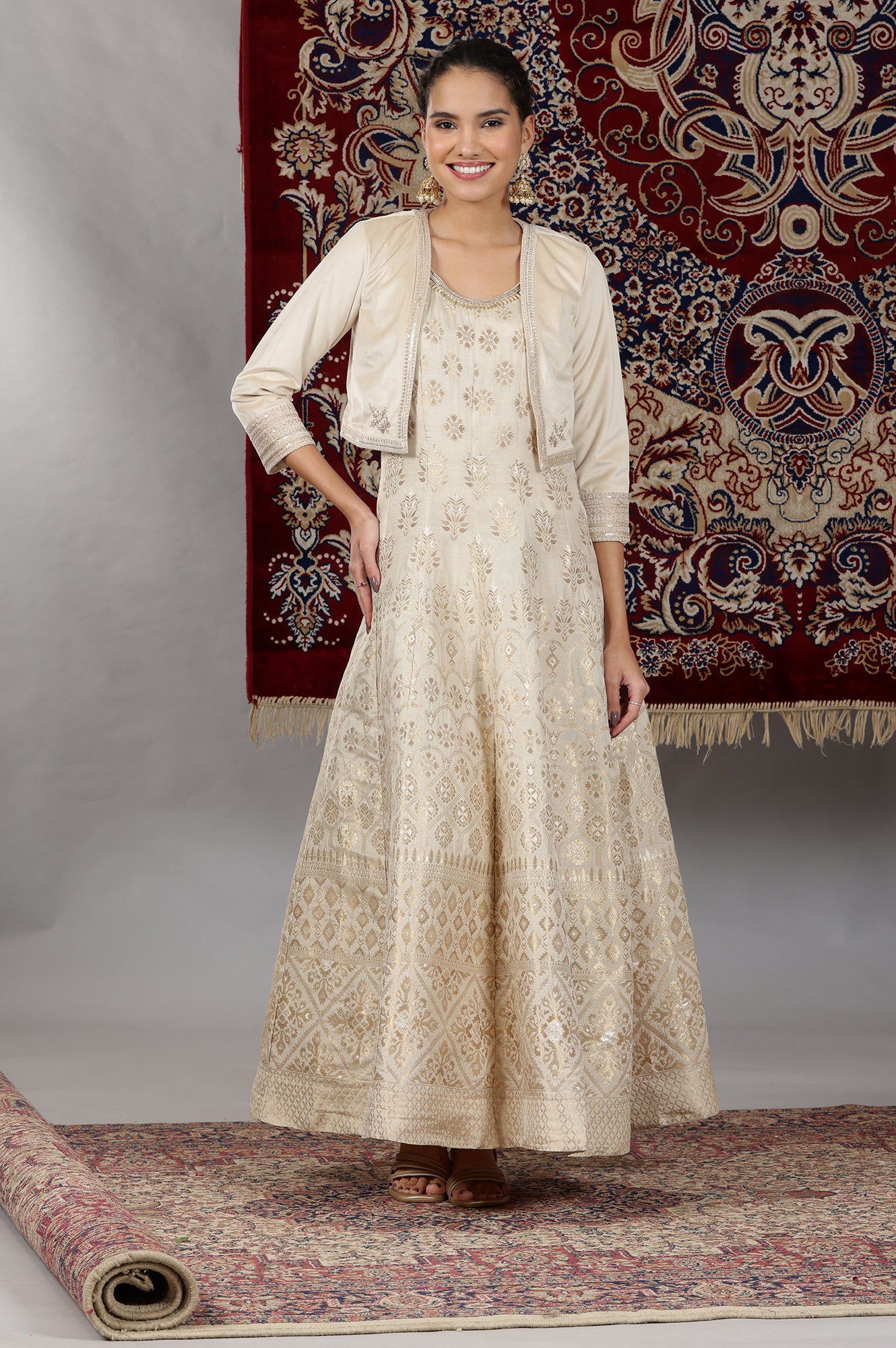 Buy Off-White Yarn-Dyed Sleeveless Anarkali Dress and Embroidered