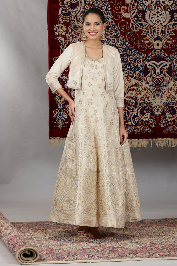 Off-White Yarn-Dyed Sleeveless Anarkali Dress and Embroidered Short Jacket Set