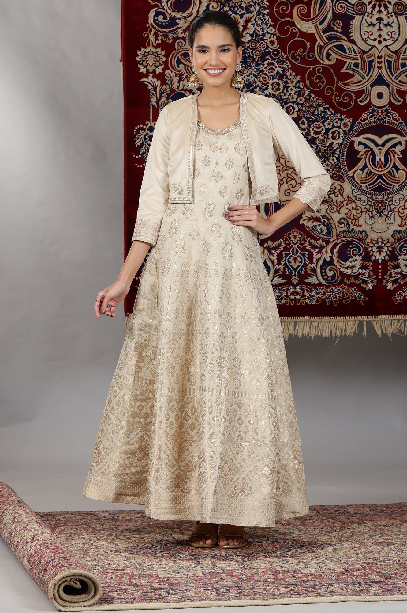 short jacket anarkali dress Neelva Blue Anarkali Dress with Printed Jacket