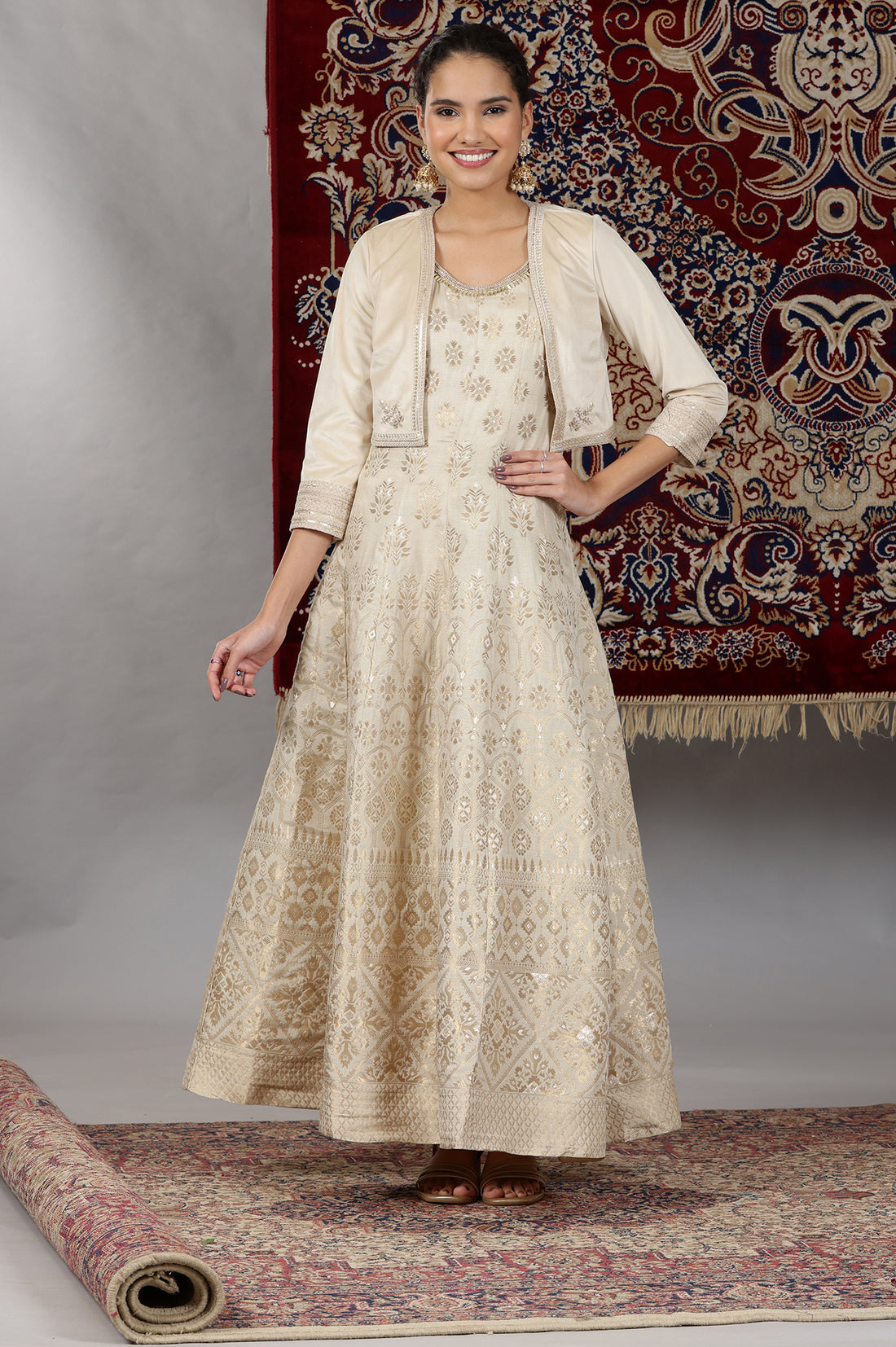 Off-White Yarn-Dyed Sleeveless Anarkali Dress and Embroidered Short Jacket Set