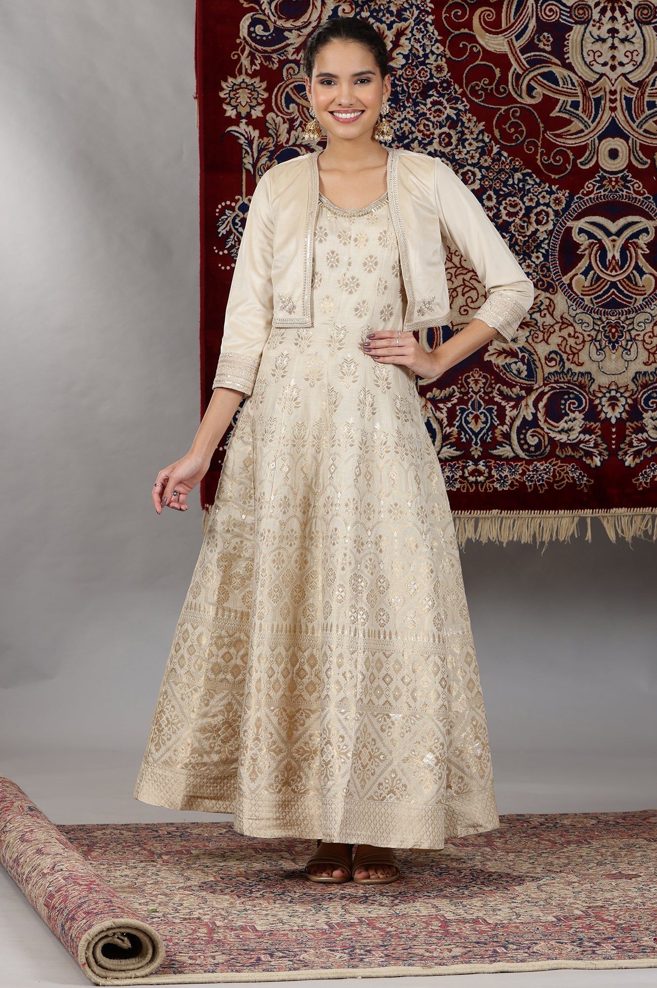 Off-White Yarn-Dyed Sleeveless Anarkali Dress and Embroidered Short Jacket Set