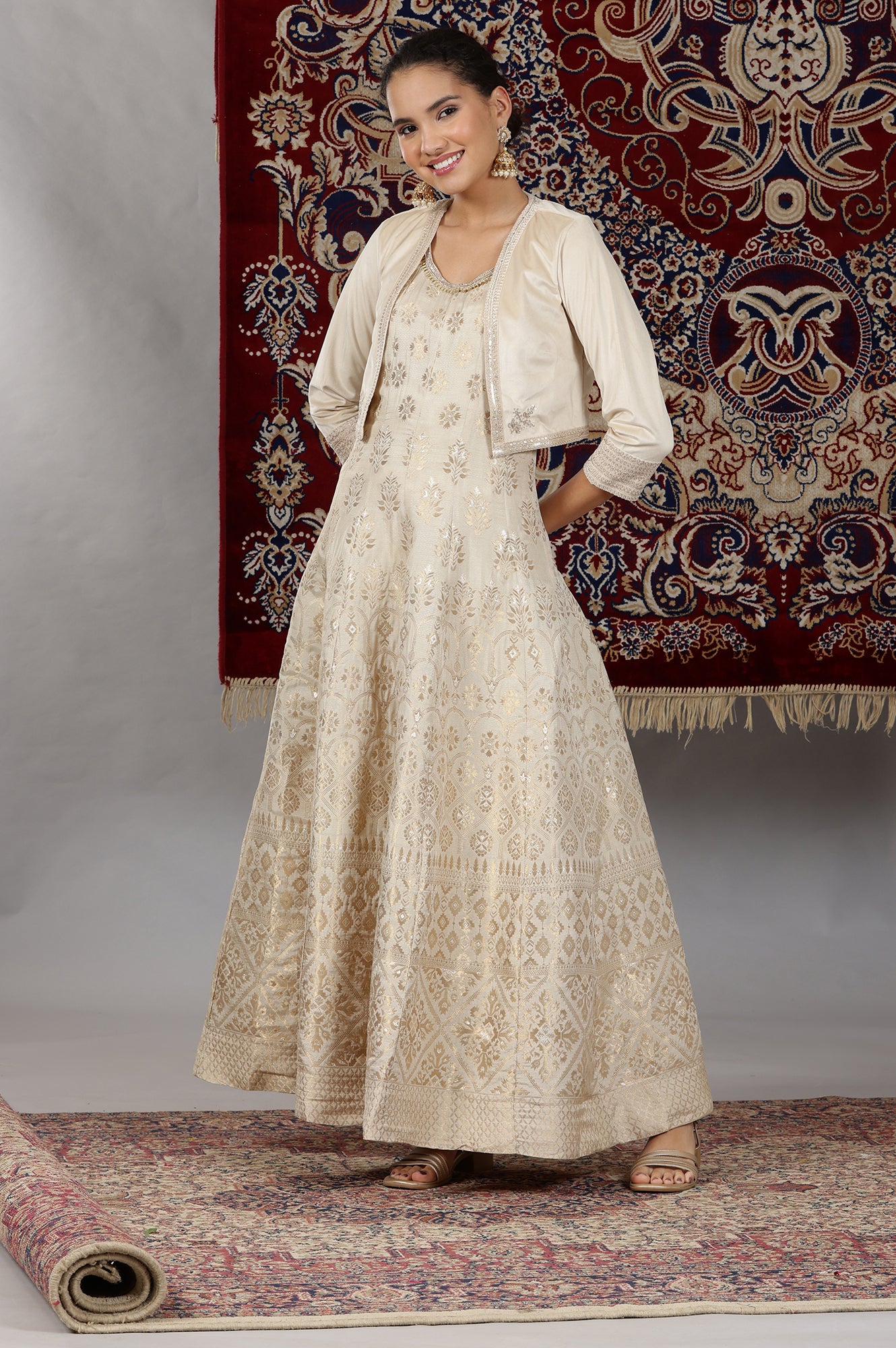 Off-White Yarn-Dyed Sleeveless Anarkali Dress and Embroidered Short Jacket Set