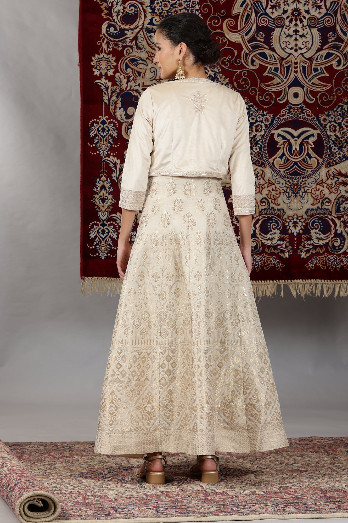 Off-White Yarn-Dyed Sleeveless Anarkali Dress and Embroidered Short Jacket Set