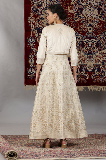 Off-White Yarn-Dyed Sleeveless Anarkali Dress and Embroidered Short Jacket Set