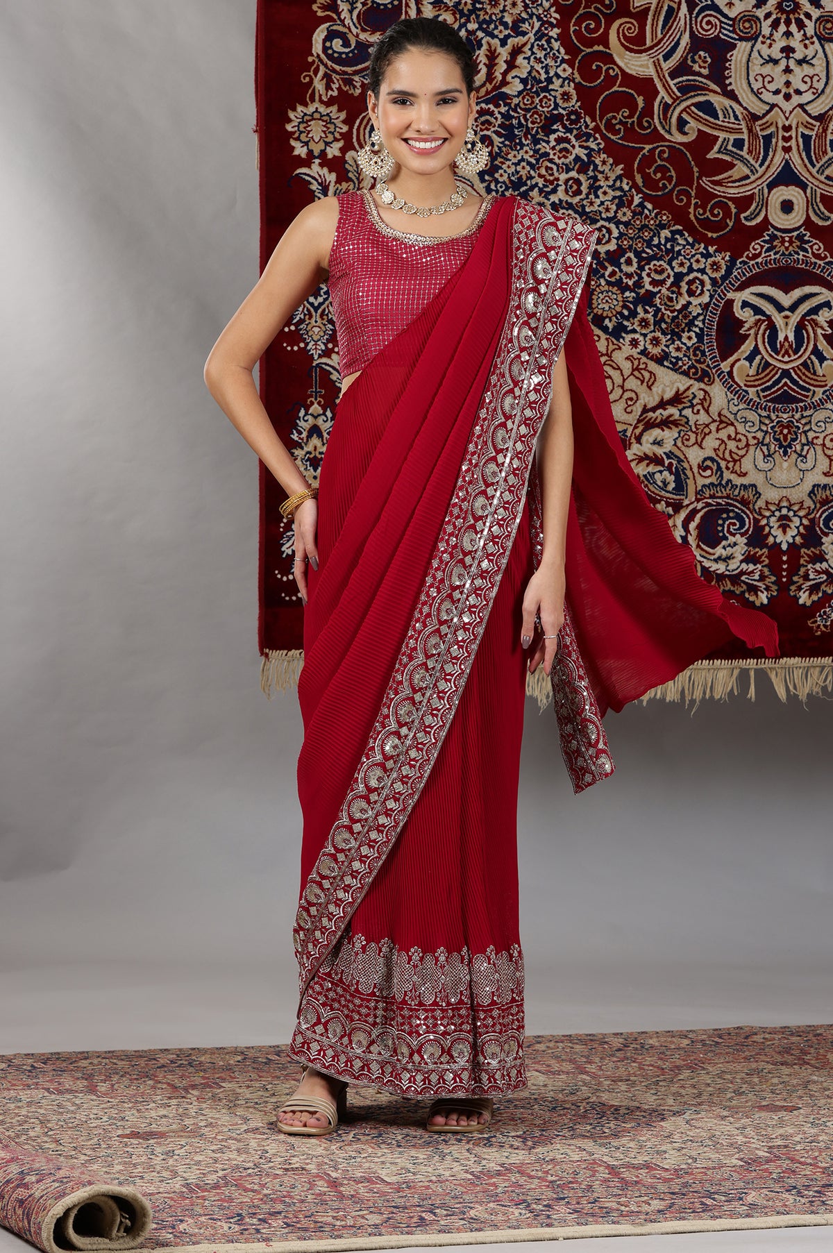 Red Embroidered Crop Top and Pre-Stitched Pleated Saree Set - S