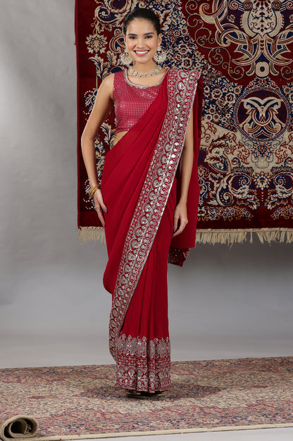 Red Embroidered Crop Top and Pre-Stitched Pleated Saree Set