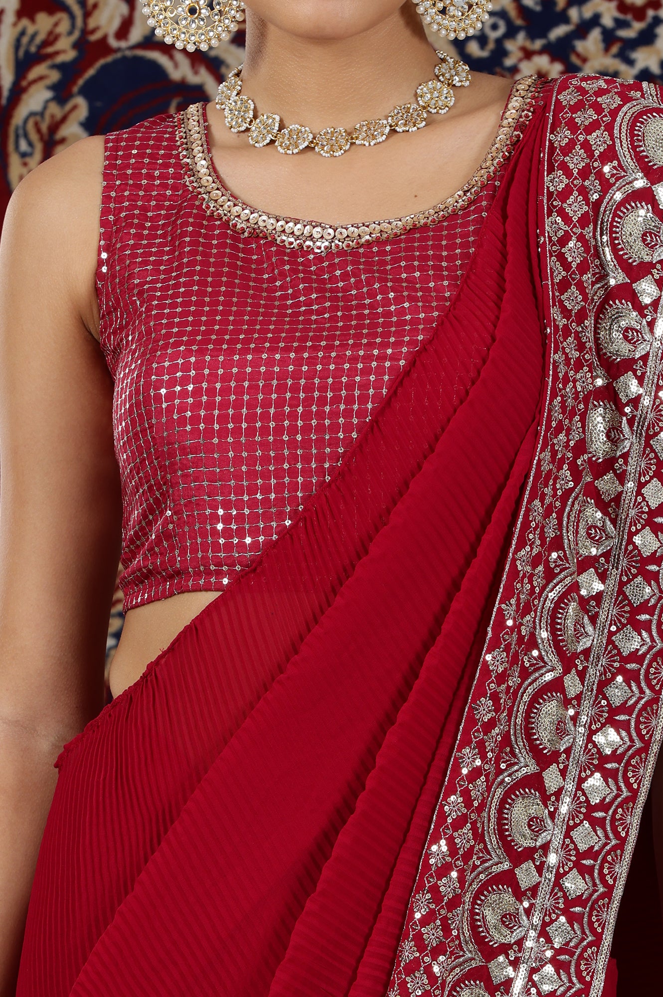 Red Embroidered Crop Top and Pre-Stitched Pleated Saree Set