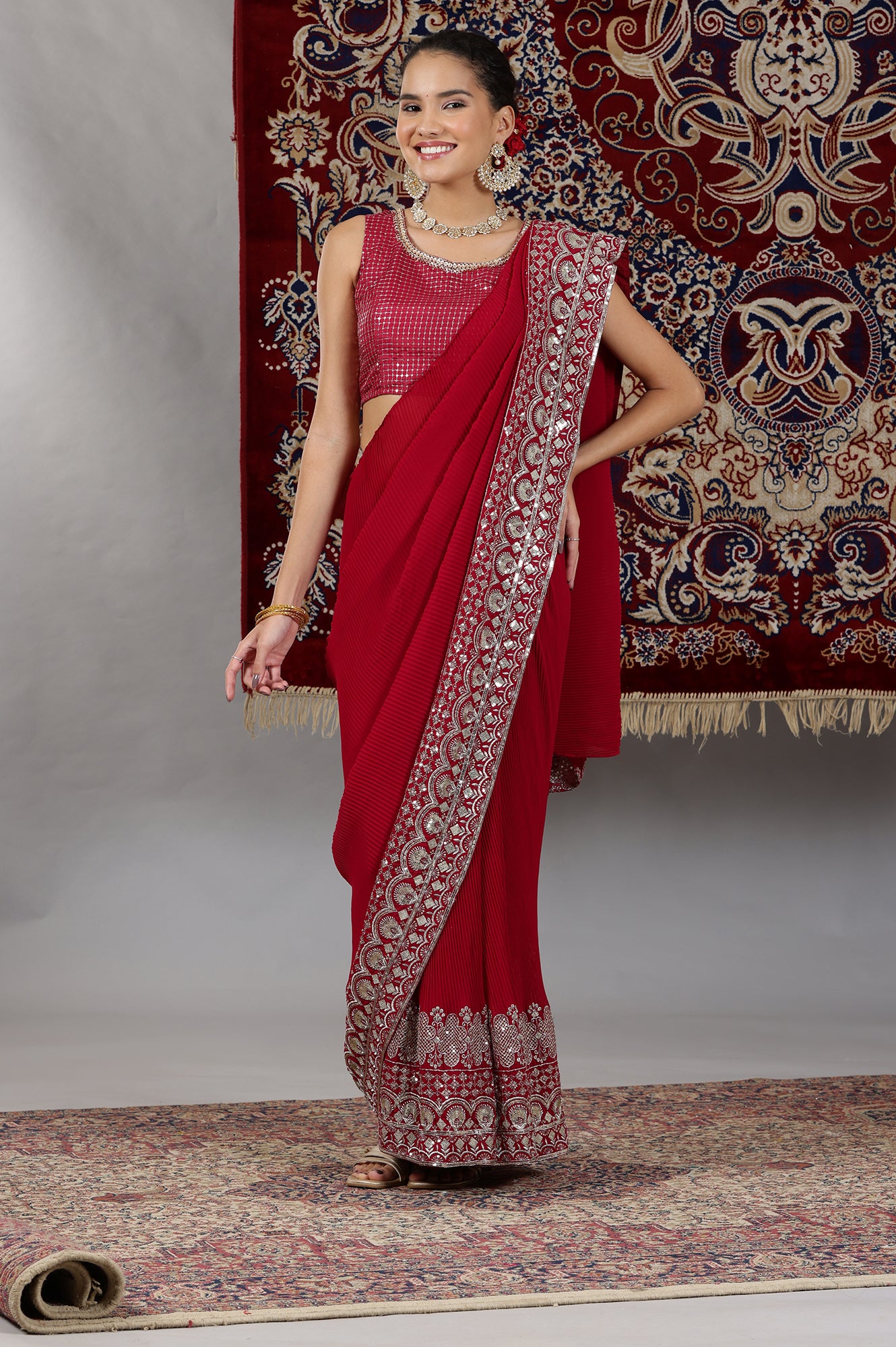 Red Embroidered Crop Top and Pre-Stitched Pleated Saree Set