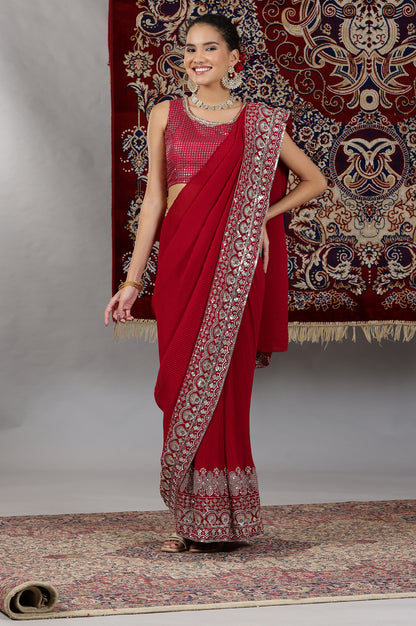 Red Embroidered Crop Top and Pre-Stitched Pleated Saree Set