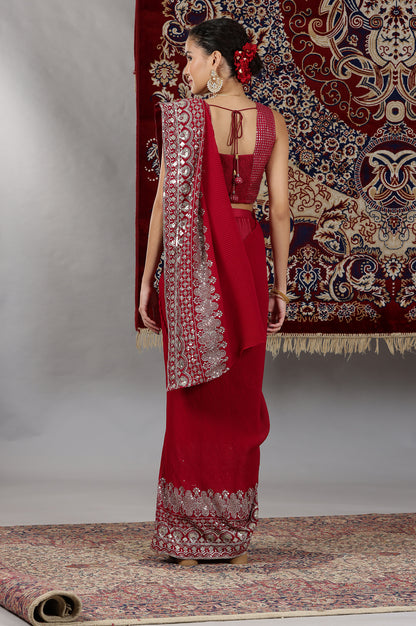 Red Embroidered Crop Top and Pre-Stitched Pleated Saree Set